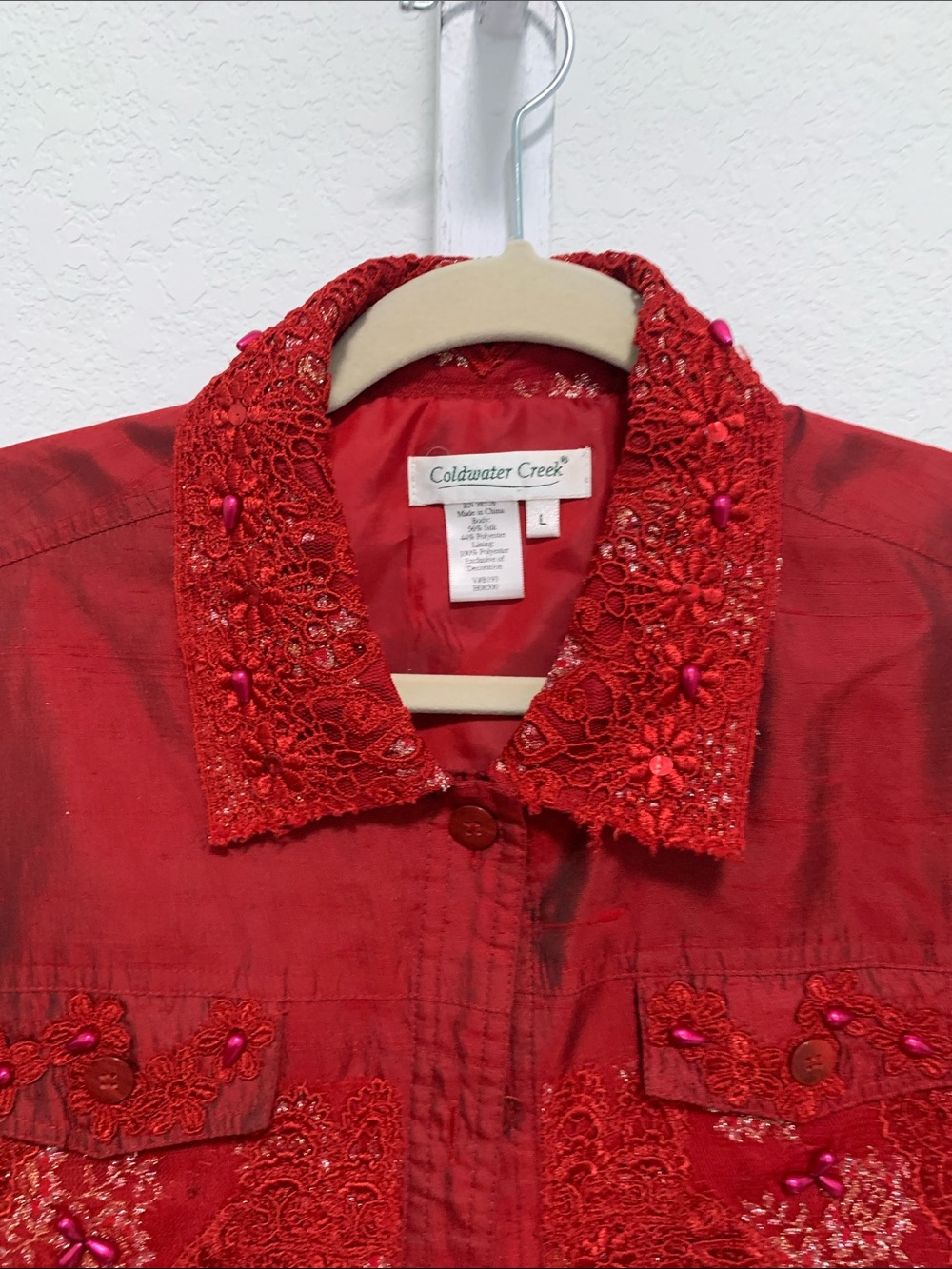 Y2K Coldwater Creek Red Artsy Beaded Lace Lightweight Jacket - Picture 3 of 7